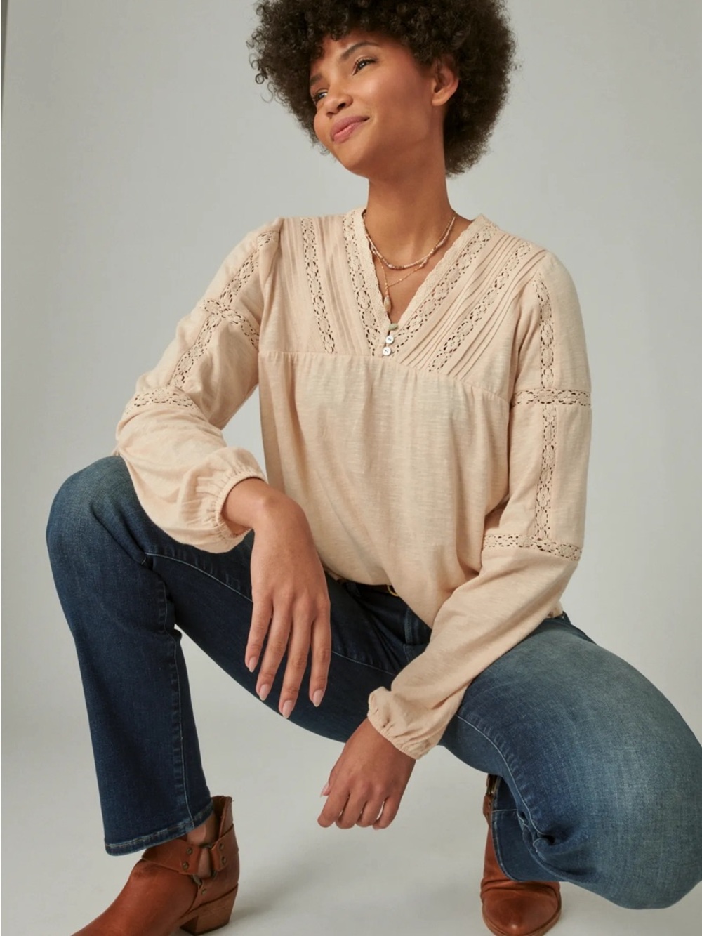 Lucky Brand Cream Crochet-Trim V-Neck Peasant Blouse, Size XL